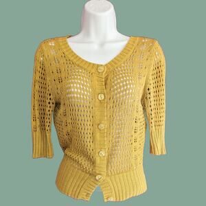 Mustard Yellow Loose Knit 3/4 Sleeve Cardigan Sweater by Susina, Size M
